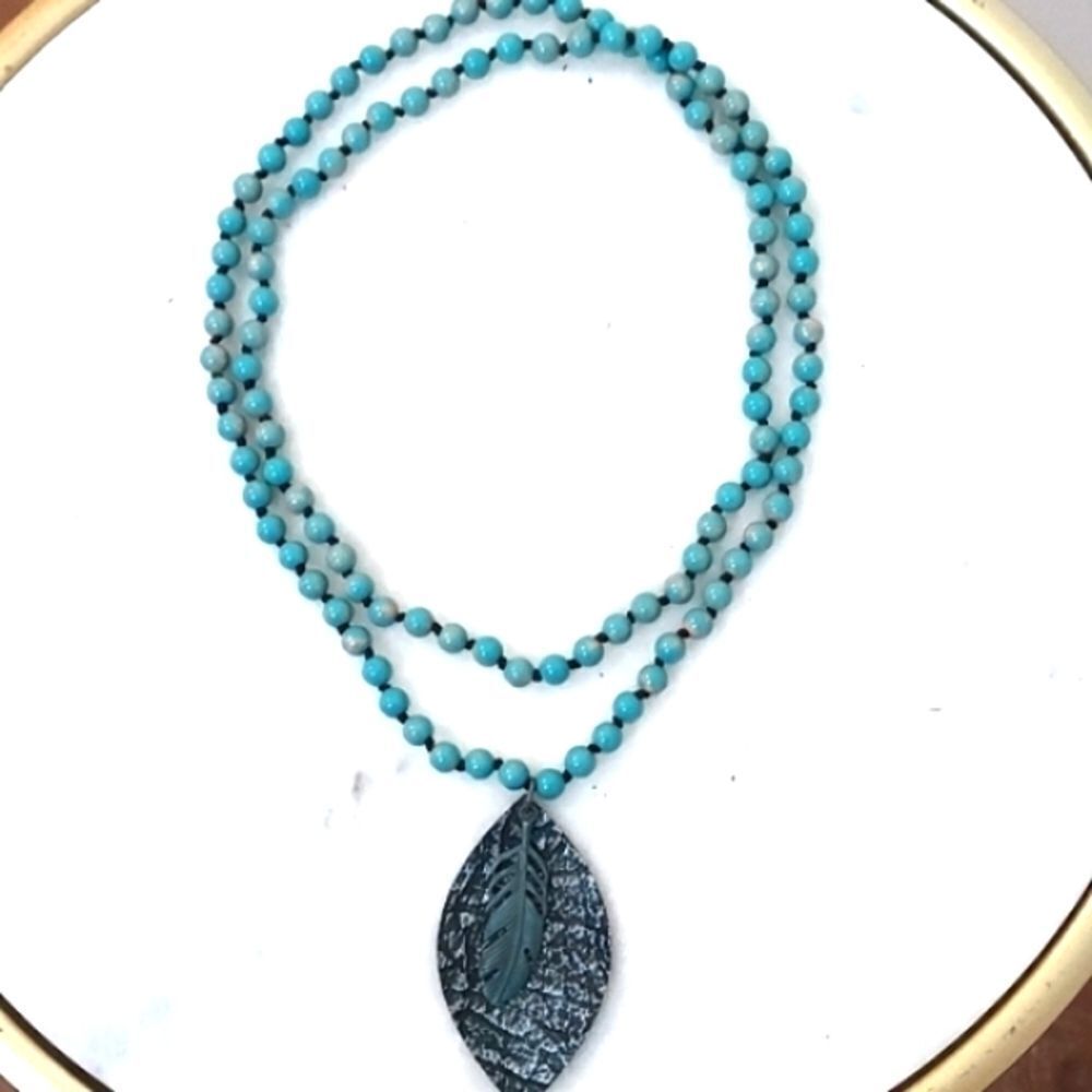 Turquoise Beaded Necklace w/Leather Feather